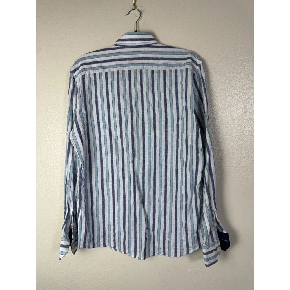 Nerosfumato Positano Blue Striped Linen Button Up Shirt Men‎ Medium Long sleeve